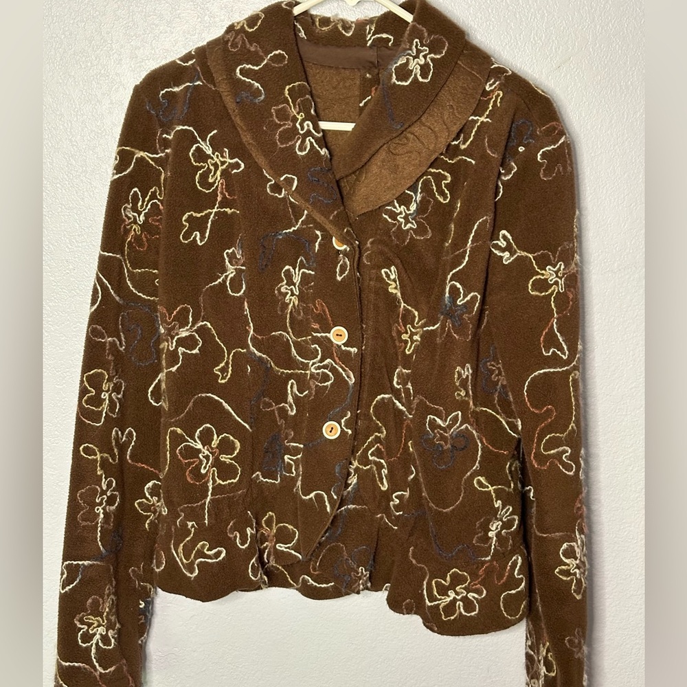 Hand Made Embroidered Fleece Feminine Jacket Button Down Peplum Double Collar